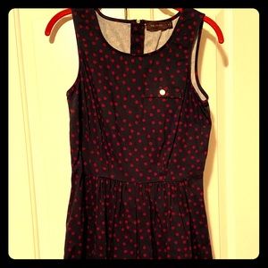 Navy dress with maroon polka dots